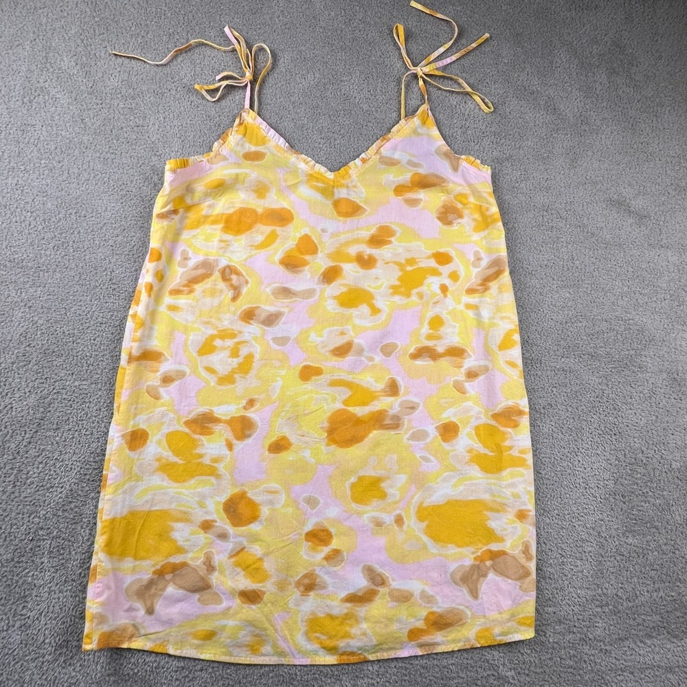 Cottagecore‎ Floral Mini Dress Womens Large Yellow Pink Tie Strap Summer